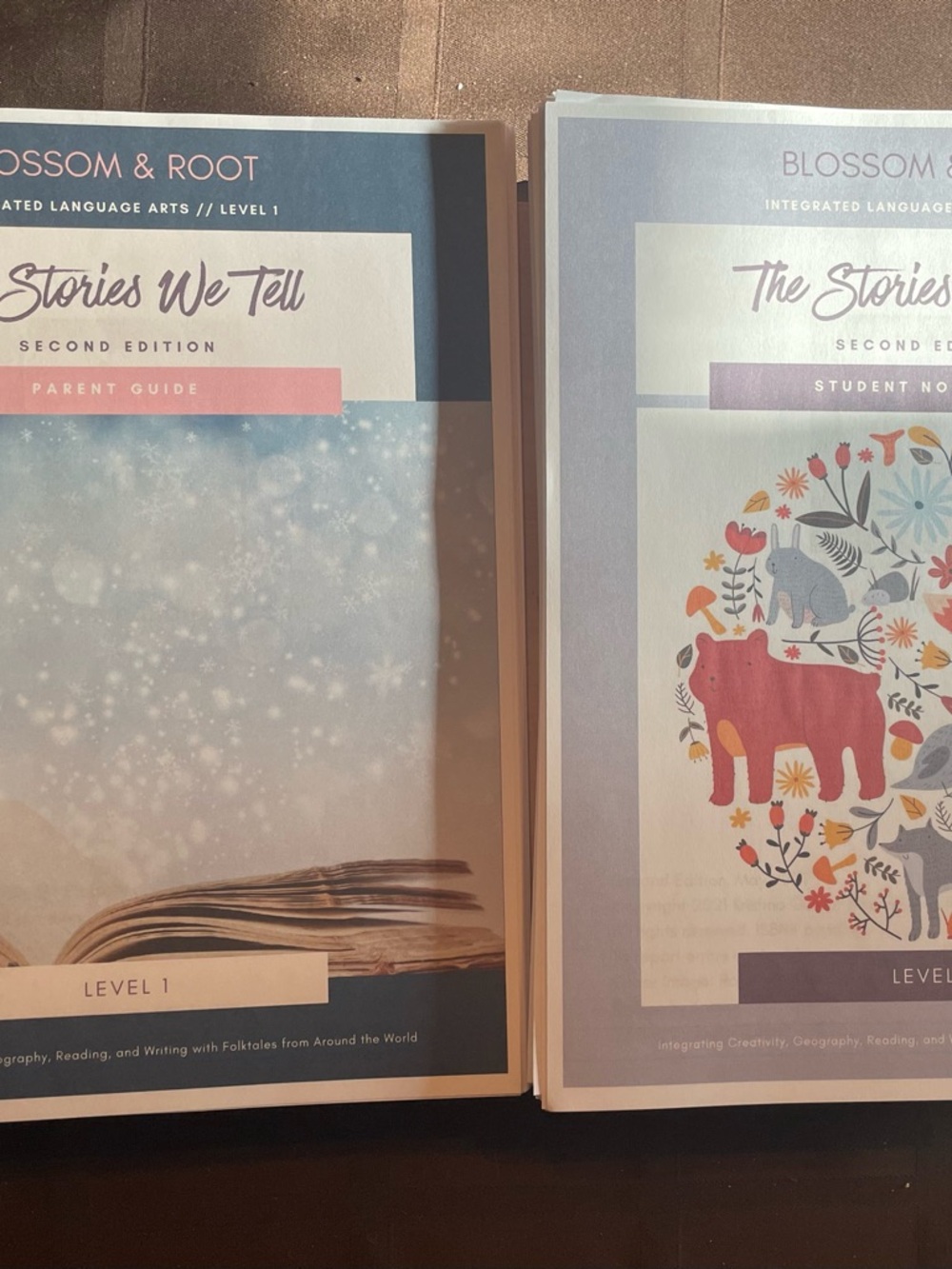 Blossom & Root "Stories We Tell" Level 1 Set parent guide in student notebook